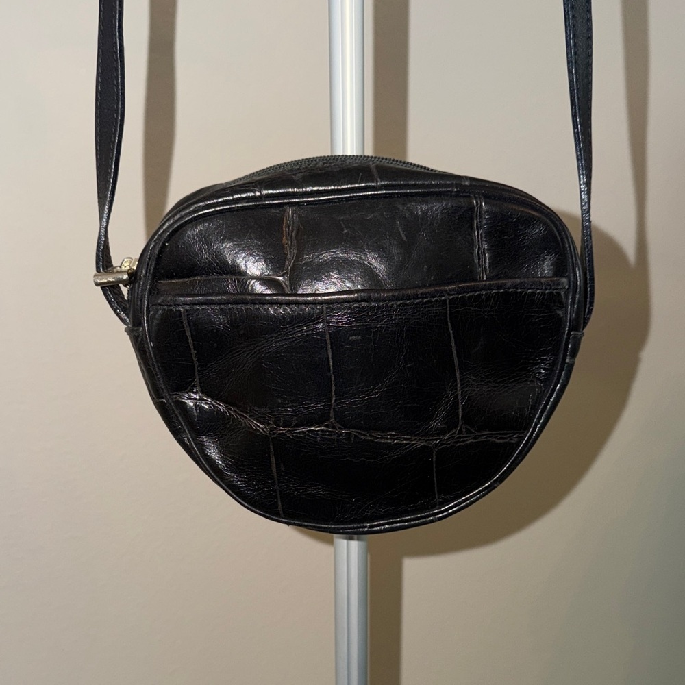 Paola Del Lungo Italian Croc-Embossed Round Crossbody Bag with Front Pocket